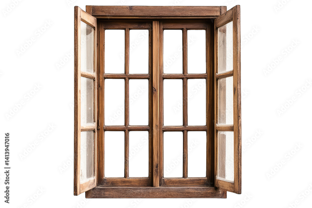 Poster a rustic wooden window with multiple panes opened to reveal an empty space behind symbolizing openne