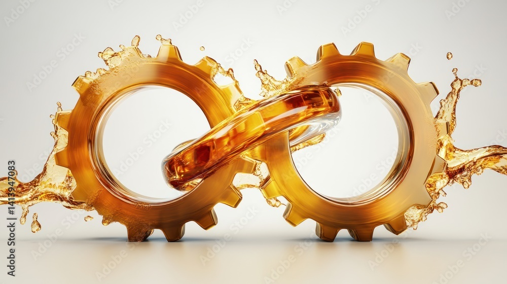 Poster interlocking gears submerged in golden oil: a symbol of seamless collaboration and precision enginee