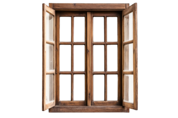 a rustic wooden window with multiple panes opened to reveal an empty space behind symbolizing openness and potential
