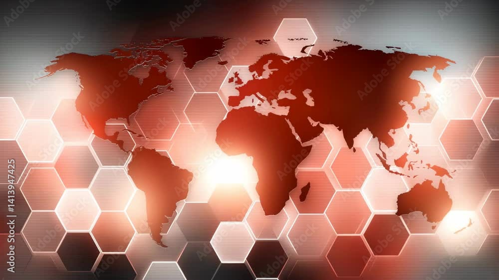Poster a world map is overlaid on a glowing network of interconnected hexagons.