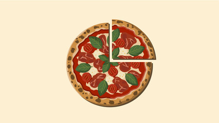 Neapolitan Pizza Illustration with Missing Slice – Top View with Fresh Ingredients in Flat Style