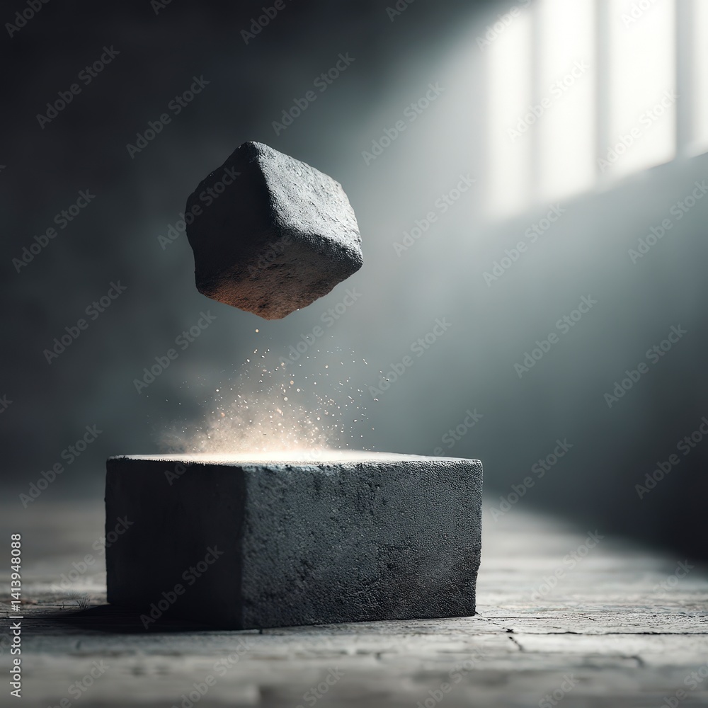 Poster cinematic floating cube mockup dark grey stone platform product display high resolution