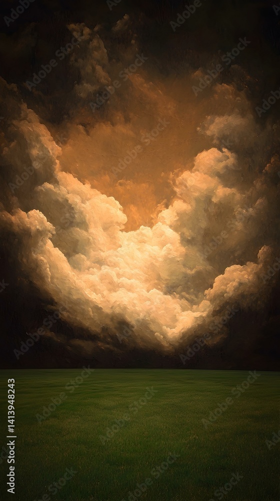 Aufkleber dramatic cloudscape over a serene green field. golden light breaks through dark clouds, creating a m
