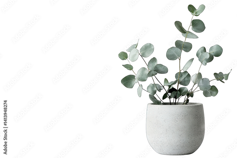 Poster a minimalist arrangement of eucalyptus branches in a light gray pot against a white background creat