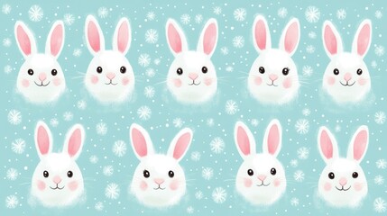 Cute white rabbits with pink ears, surrounded by snowflakes on a light teal background