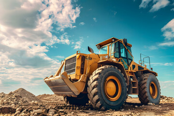 Fototapeta premium A large yellow earth moving machine under a blue sky