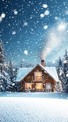 Fototapeta premium Cozy snowy cabin with lights and smoke, amidst a winter forest