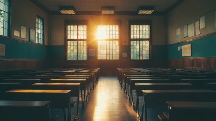 A completely empty classroom, with a neatly arranged seating plan and soft light shining through