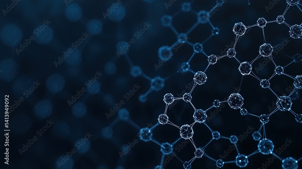 Poster an abstract representation of molecular structures, showcasing interconnected atoms against a dark b