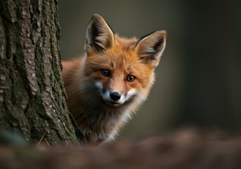 Fototapeta premium Adorable Red Fox Peeking from Behind a Tree Trunk in Forest - Wildlife Nature Photography