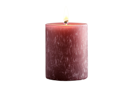 Lit pillar candle. Red, slightly textured, with flickering flame. transparent background