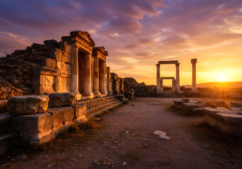 Ancient Roman Ruins at Sunset Historic Architecture and Golden Hour Landscape.