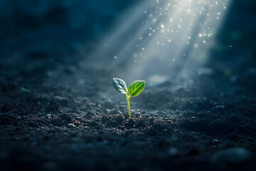 暗闇で若葉が光に照らされる神秘的な新芽の成長イメージ