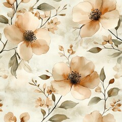 Soft Floral Pattern with Delicate Peach Flowers and Green Leaves