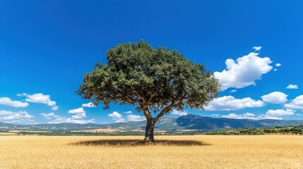 Solitary tree in a golden field under a vibrant sky