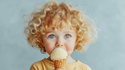 Happy toddler enjoys strawberry cheesecake ice cream in clean studio setting