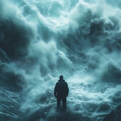 Obraz premium Alone in the turbulent sea, a man stands tall against the crashing waves image