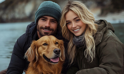 Happy women with golden retriever dog