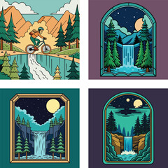 Mountain Biking Adventure And Scenic Waterfall Landscapes Cartoon Vector Illustrations Design