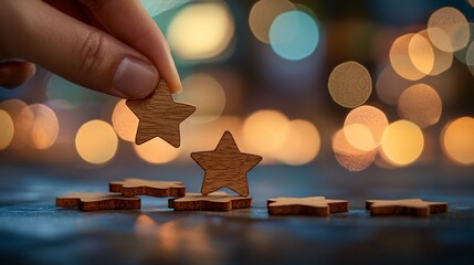 Hand placing star, festive background