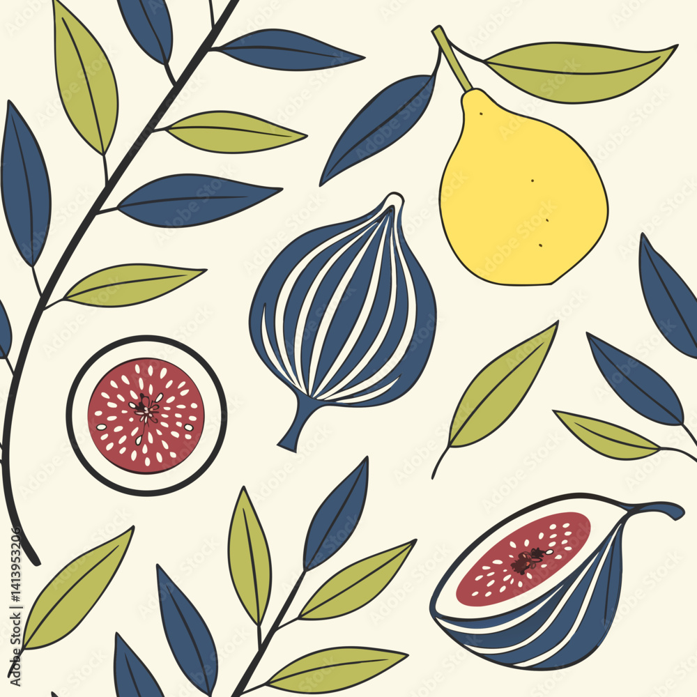 Poster seamless vector pattern featuring figs and pears with leaves