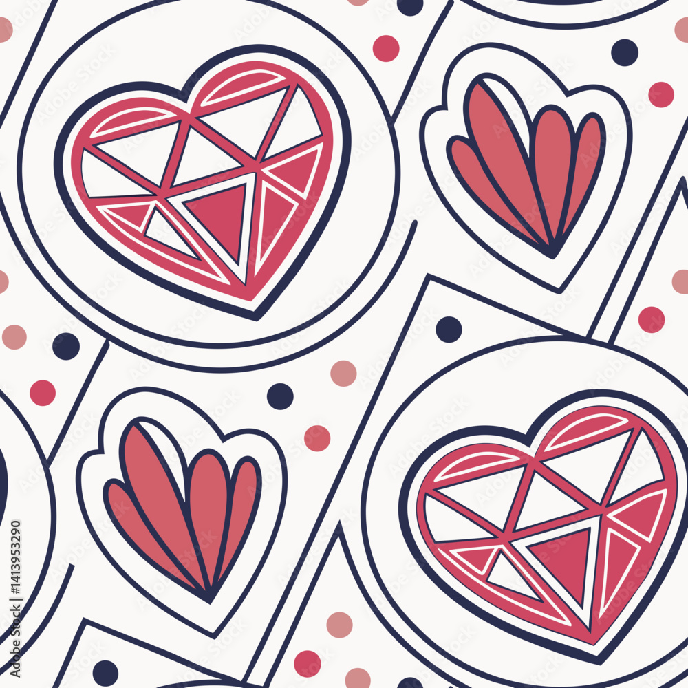 Poster seamless vector pattern featuring geometric hearts in red