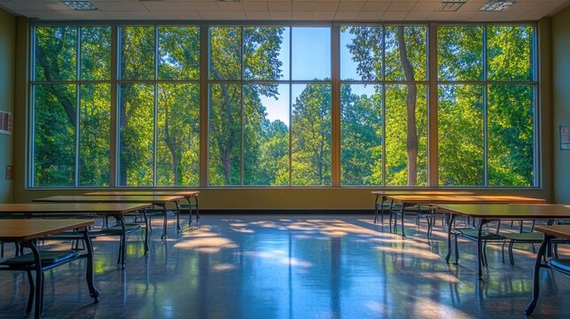 An empty classroom with large windows, showing a peaceful outdoor view