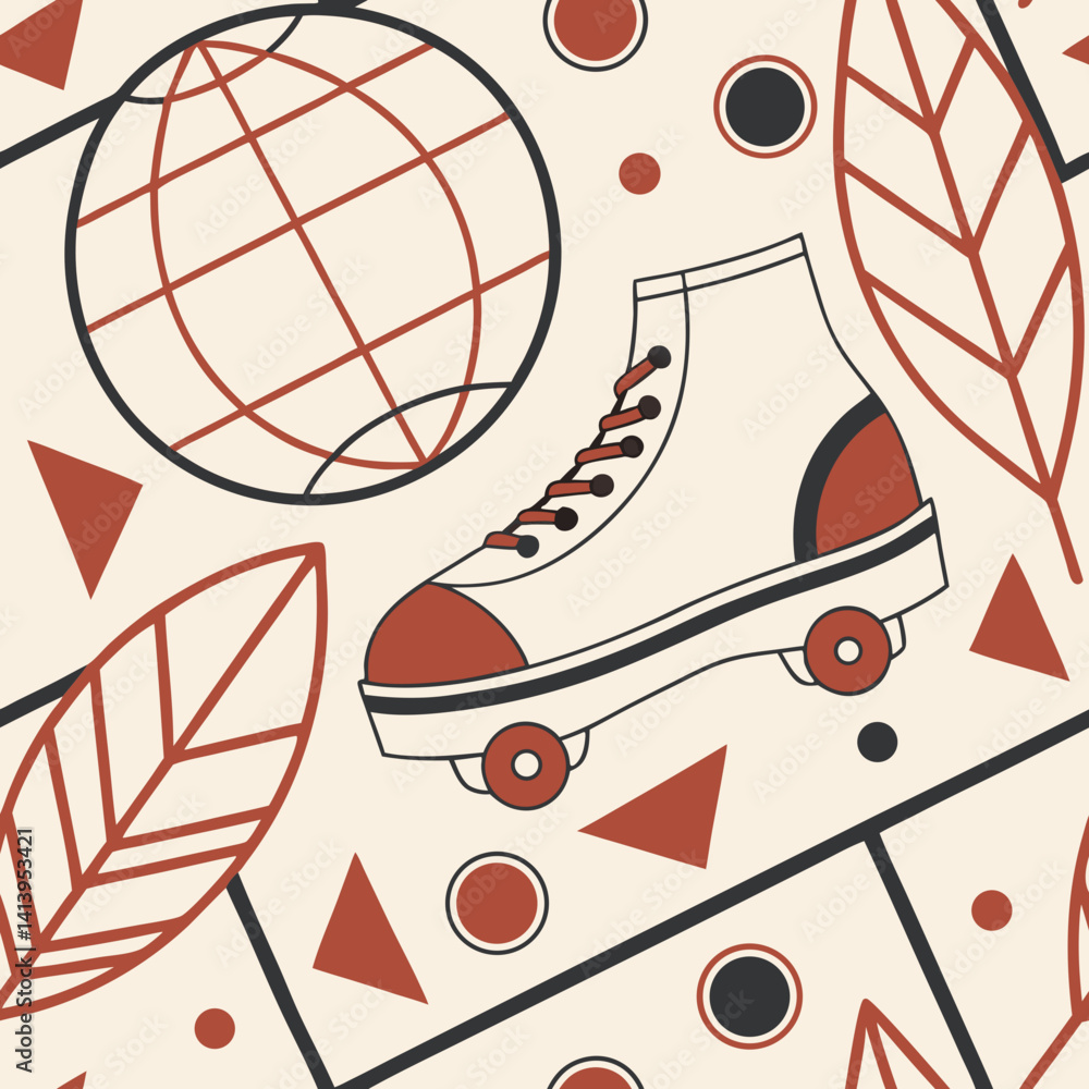 Poster seamless vector pattern with retro roller skates and geometric shapes