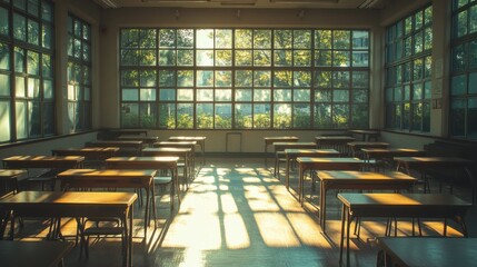 An empty classroom with sunlight pouring in, casting shadows on the vacant desks 