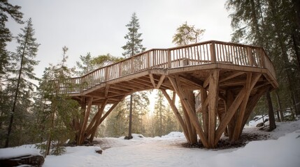 Winter Wonderland Wooden Bridge  Snow Covered Pathway  Lapland Forest  Eco Friendly Archit