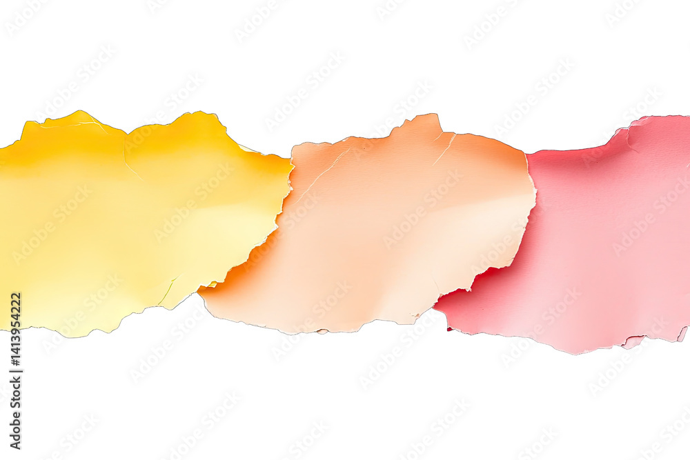 Poster three torn pieces of colored paper in yellow peach and pink arranged horizontally against a white ba