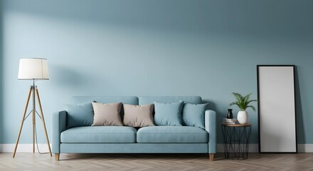 Modern interior design of living room with light blue walls with empty places for texts