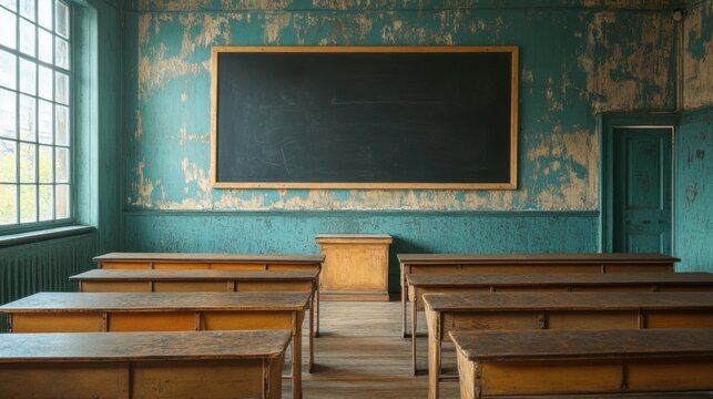 An untouched classroom with old wooden desks and a blank blackboard 