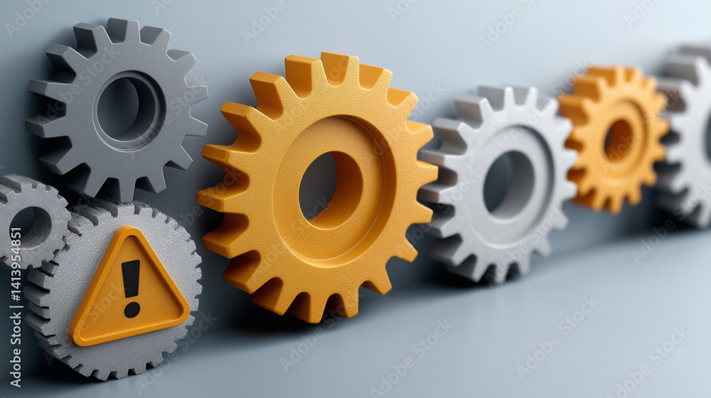 Poster gear mechanism with warning: interlocking gears represent complex machinery, with a prominent warnin