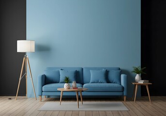 Modern interior design of living room with light blue walls with empty places for texts