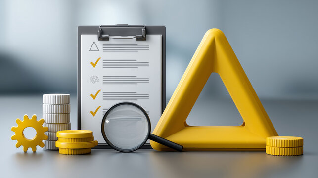 Risk Assessment and Checklist: A 3D rendering of a checklist on a clipboard, a magnifying glass, safety triangle, and gears, symbolizing risk assessment, quality control, and meticulous planning.