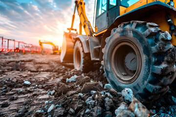 Fototapeta premium A large construction vehicle working in an active building environment