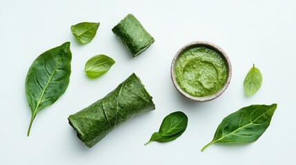 Obraz premium Spinach wraps and dip on white background