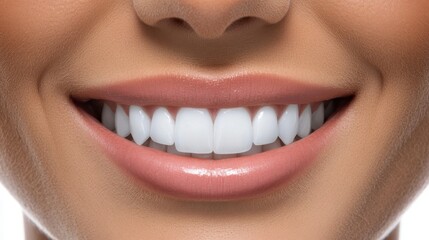 Close-Up of Bright White Smile with Perfect Teeth and Natural Lips. Healthy Dental Aesthetics, Oral Hygiene, and Cosmetic Dentistry Concept for Beauty and Wellness Advertising