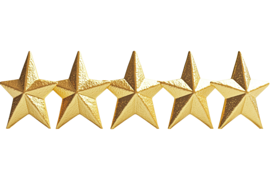 Five golden stars aligned. Sharp points shine, symbolizing top quality and achievement against transparent background