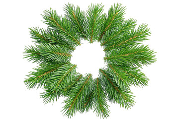 Fir wreath with evergreen boughs, arranged in a circle against a transparent background, centered