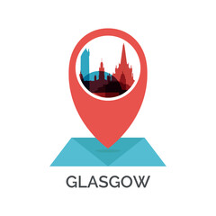 UK Scotland, Glasgow map pin point, geolocation, skyline shape vector logo, icon, isolated illustration. United Kingdom web emblem with landmarks and buildings