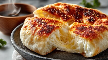 Fluffy pita bread cut open on minimalist ceramic tile surface with steam effect