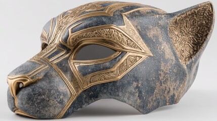 Black panther mask in glossy faux leather with gold accents on white background