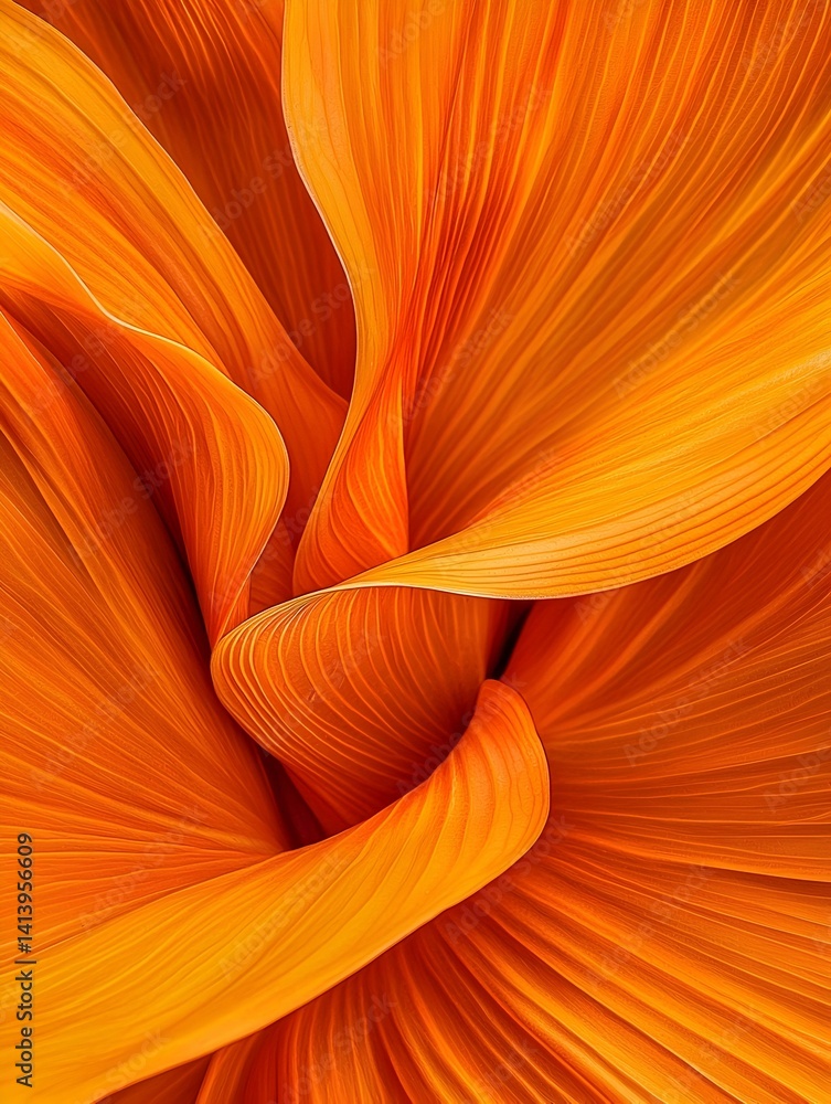 Poster abstract close-up of vibrant orange plant leaves. intricate textures and swirling patterns create a 