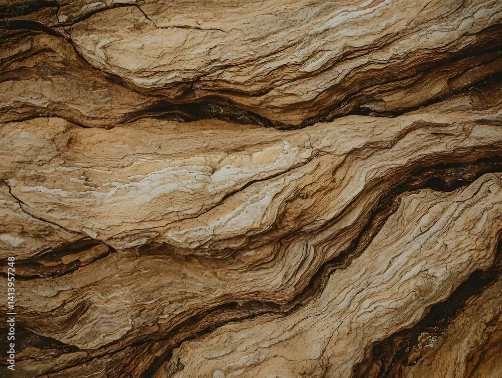 Poster close-up of layered rock texture. brown, beige, and white tones create a natural, abstract pattern. 