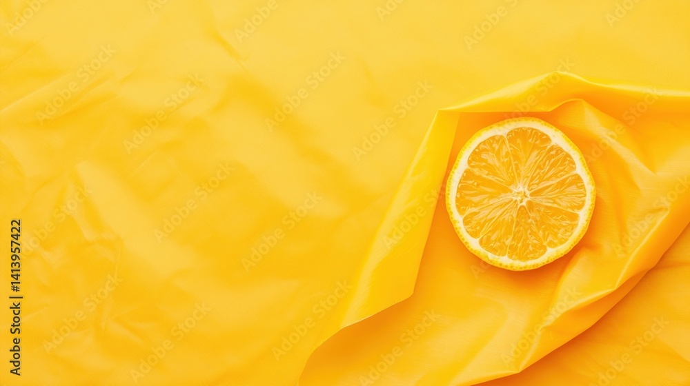 Poster a vibrant yellow background features a freshly sliced lemon, highlighting freshness and zest in a mi