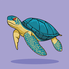 green sea turtle red eyes cartoon flat illustration, isolated sea creature concept, flat cartoon style