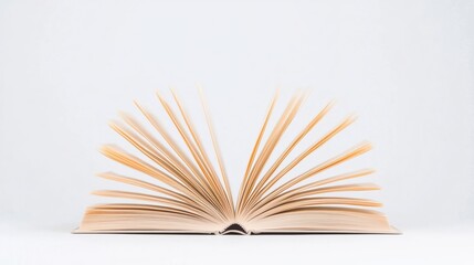 An open book with fanned-out pages, showcasing its pages against a clean, minimalist background.