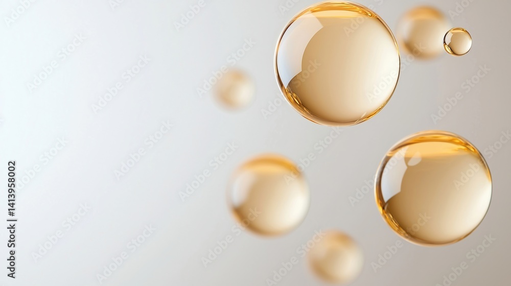 Poster a close-up of translucent golden bubbles floating against a soft, blurred background, evoking a sens